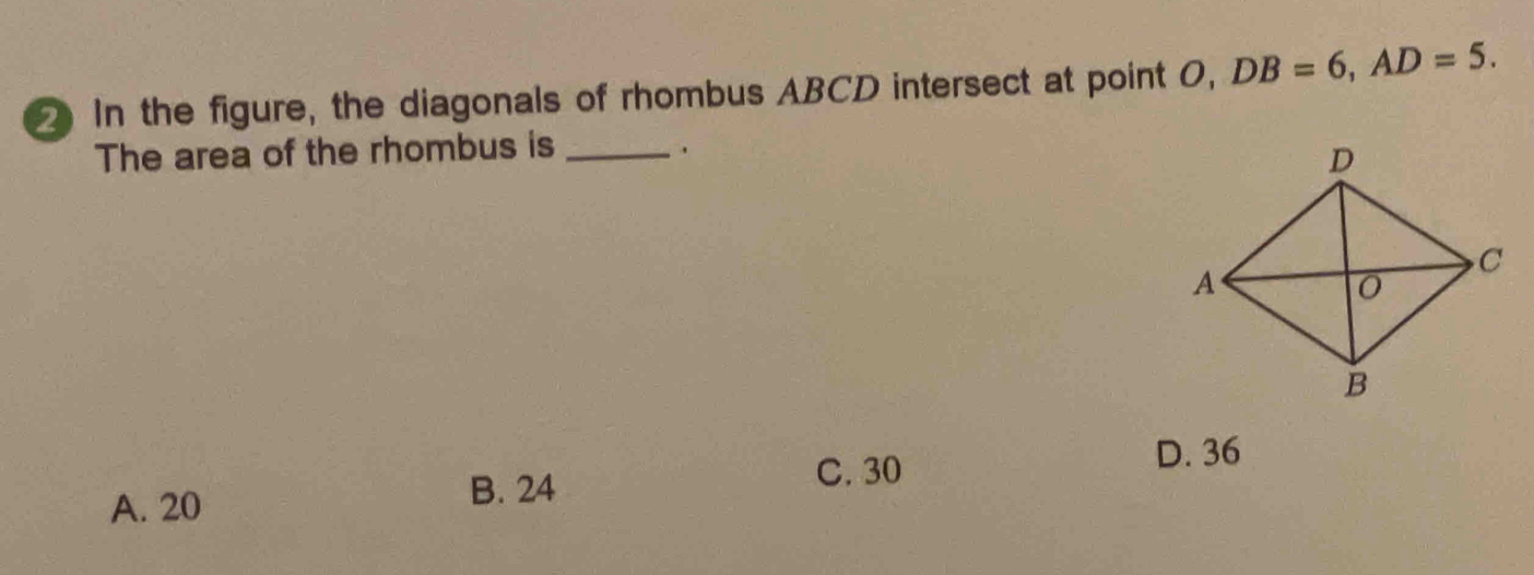 In the figure, the diagonals of rhombus ABCD intersect at point 0, DB=6, AD=5. 
The area of the rhombus is _.
A. 20
B. 24
C. 30
D. 36