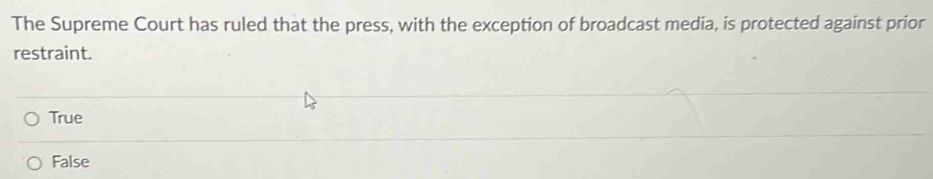 The Supreme Court has ruled that the press, with the exception of broadcast media, is protected against prior
restraint.
True
False