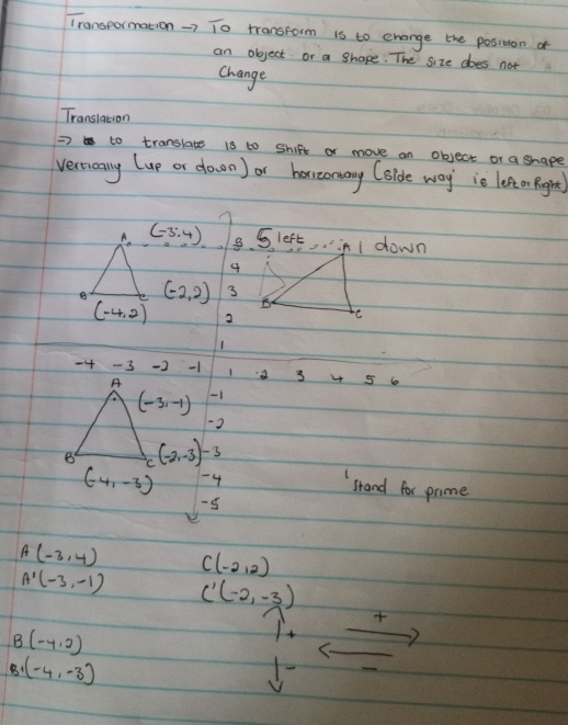 Transpormation→> To transform is to enarge the positon of 
an object or a shape. The size does not 
change 
Translation 
=> to translate i8 to Shift or move an object or a ghape 
verncany (up or down) or horieomany (side way io let or Bgite 
A. (-3:4) 8. 5 left, I down
4
B (-2,2) 3
B
(-4,2) 2
re
1
-4 -3 3 -1 1 a 3 4 5 6
A
(-3,-1) -1
B C (-2,-3)-3
(-4,-3) 4
stand for prome
-5
A(-3,4) C(-2,2)
A'(-3,-1) C'(-2,-3)

B (-4,2)
C 
B (-4,-3)