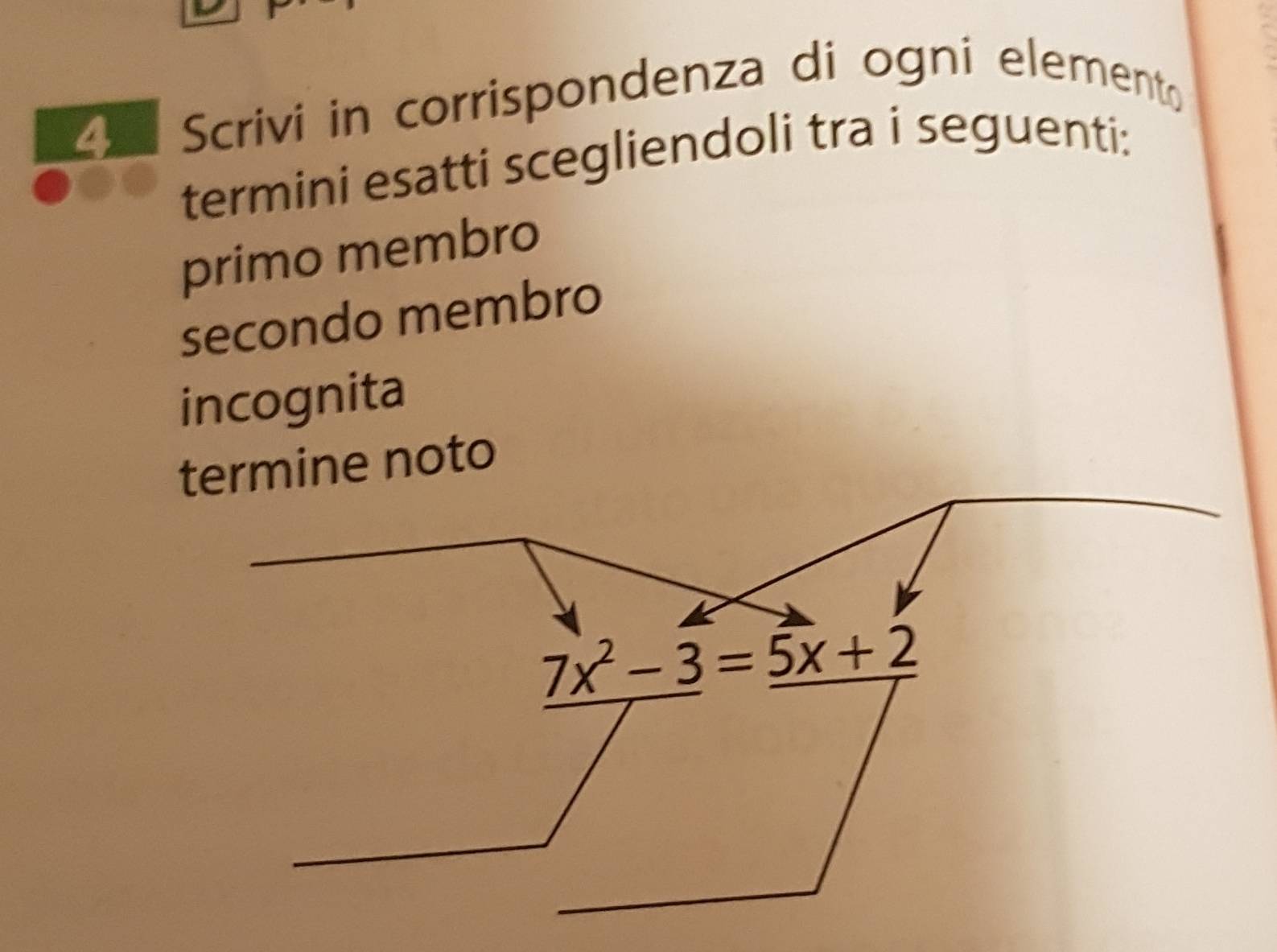 Scrivi in corrispondenza di ogni elemento 
termini esatti scegliendoli tra i seguenti: 
primo membro 
secondo membro 
incognita 
termine noto
7x^2-3=5x+2