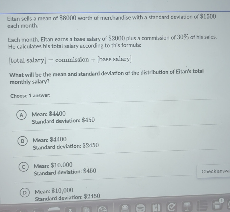 Solved: Eitan sells a mean of $8000 worth of merchandise with a ...