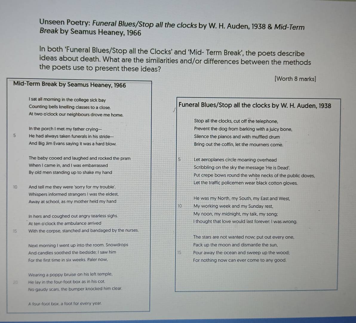 Solved: Unseen Poetry: Funeral Blues/Stop all the clocks by W. H. Auden ...