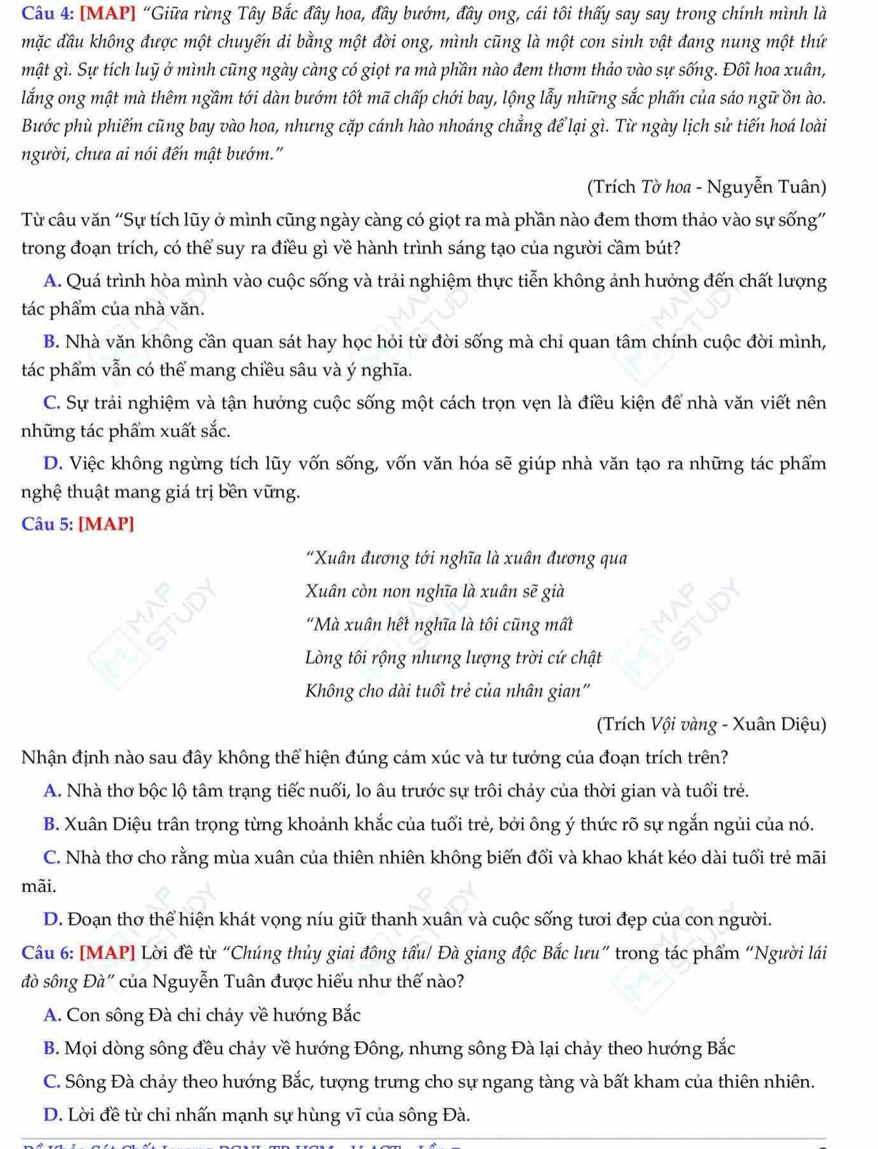 [MAP] “Giữa rừng Tây Bắc đầy hoa, đây bướm, đây ong, cái tôi thấy say say trong chính mình là
mặc đầu không được một chuyến di bằng một đời ong, mình cũng là một con sinh vật đang nung một thứ
mật gì. Sự tích luỹ ở mình cũng ngày càng có giọt ra mà phần nào đem thơm thảo vào sự sống. Đối hoa xuân,
lắng ong mật mà thêm ngầm tới dàn bướm tốt mã chấp chới bay, lộng lẫy những sắc phấn của sáo ngữ ồn ào.
Bước phù phiếm cũng bay vào hoa, nhưng cặp cánh hào nhoáng chẳng để lại gì. Từ ngày lịch sử tiến hoá loài
người, chưa ai nói đến mật bướm.''
(Trích Tờ hoa - Nguyễn Tuân)
Từ câu văn 'Sự tích lũy ở mình cũng ngày càng có giọt ra mà phần nào đem thơm thảo vào sự sống'
trong đoạn trích, có thể suy ra điều gì về hành trình sáng tạo của người cầm bút?
A. Quá trình hòa mình vào cuộc sống và trải nghiệm thực tiễn không ảnh hưởng đến chất lượng
tác phẩm của nhà văn.
B. Nhà văn không cần quan sát hay học hỏi từ đời sống mà chỉ quan tâm chính cuộc đời mình,
tác phẩm vẫn có thể mang chiều sâu và ý nghĩa.
C. Sự trải nghiệm và tận hưởng cuộc sống một cách trọn vẹn là điều kiện để nhà văn viết nên
những tác phẩm xuất sắc.
D. Việc không ngừng tích lũy vốn sống, vốn văn hóa sẽ giúp nhà văn tạo ra những tác phẩm
nghệ thuật mang giá trị bền vững.
Câu 5: [MAP]
'Xuân đương tới nghĩa là xuân đương qua
<
STUDY
Xuân còn non nghĩa là xuân sẽ già
“Mà xuân hết nghĩa là tôi cũng mất
Lòng tôi rộng nhưng lượng trời cứ chật
Không cho dài tuổi trẻ của nhân gian''
(Trích Vội vàng - Xuân Diệu)
Nhận định nào sau đây không thể hiện đúng cảm xúc và tư tưởng của đoạn trích trên?
 A. Nhà thơ bộc lộ tâm trạng tiếc nuối, lo âu trước sự trôi chảy của thời gian và tuổi trẻ.
B. Xuân Diệu trấn trọng từng khoảnh khắc của tuổi trẻ, bởi ông ý thức rõ sự ngắn ngủi của nó.
C. Nhà thơ cho rằng mùa xuân của thiên nhiên không biến đổi và khao khát kéo dài tuổi trẻ mãi
mãi.
D. Đoạn thơ thể hiện khát vọng níu giữ thanh xuân và cuộc sống tươi đẹp của con người.
Câu 6: [MAP] Lời đề từ “Chúng thủy giai đông tẩu/ Đà giang độc Bắc lưu” trong tác phẩm “Người lái
đò sông Đà" của Nguyễn Tuân được hiểu như thế nào?
A. Con sông Đà chỉ chảy về hướng Bắc
B. Mọi dòng sông đều chảy về hướng Đông, nhưng sông Đà lại chảy theo hướng Bắc
C. Sông Đà chảy theo hướng Bắc, tượng trưng cho sự ngang tàng và bất kham của thiên nhiên.
D. Lời đề từ chỉ nhấn mạnh sự hùng vĩ của sông Đà.