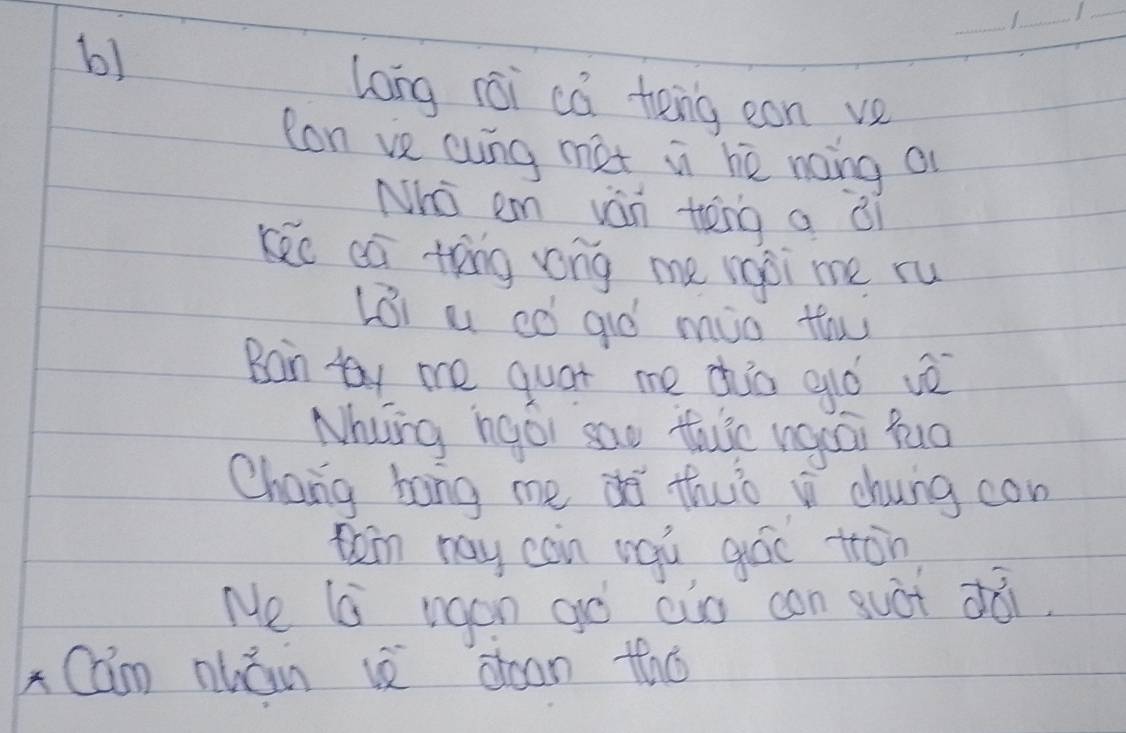 long roi cò teng con ve 
Con ve cung met ii he noing a 
Nho em ván tēng a di 
Kee ea tīng rong me vgoi me ru 
LBi a có gò min thw 
Bain tay me quat me dhio gó vè 
Nhing hgoi sao thusc ugcái Yuo 
Chang bang me do thwò i chung con 
toin nay can vqù gáo ton 
Me l vgon go aio can guot dǎi. 
x Cam nuán i doon thó