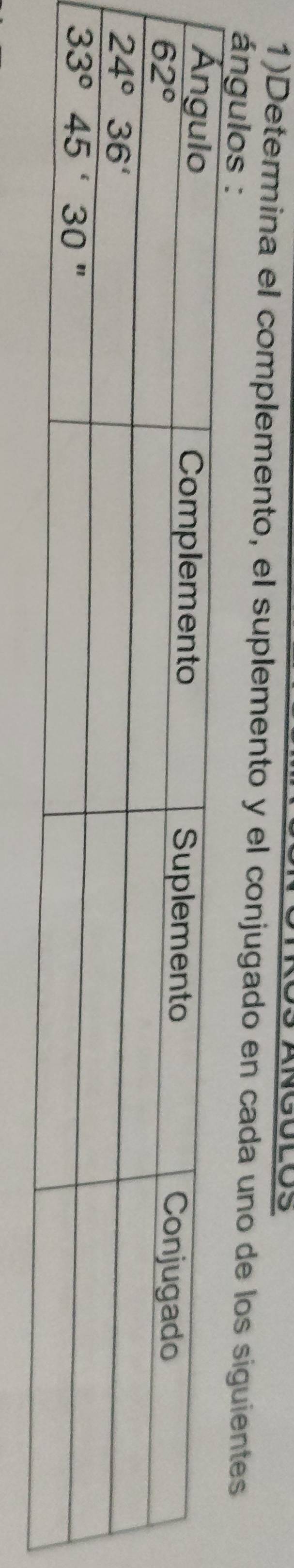 1)Determina el complemento, el suplemento y el conjugado en cada uno de los siguientes
ángulos :