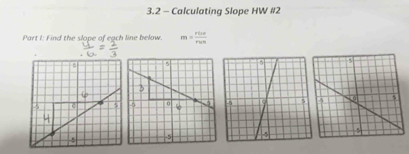 3.2 - Calculating Slope HW #2 
Part I: Find the slope of each line below. m= rise/run 