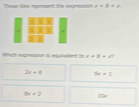 The tes reprsent ft expresssion x+B+x
Wc coa los apee ( x+8/ x ?
2x+8
9x+1
6x+2 21r