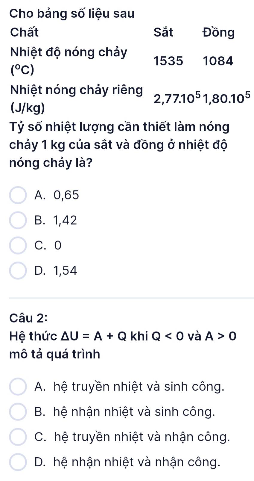 Cho bảng số liệu sau
Chất Sắt Đồng
Nhiệt độ nóng chảy
1535 1084
(^circ C)
Nhiệt nóng chảy riêng 2,77.10^51,80.10^5
(J/kg)
Tỷ số nhiệt lượng cần thiết làm nóng
chảy 1 kg của sắt và đồng ở nhiệt độ
nóng chảy là?
A. 0,65
B. 1,42
C. 0
D. 1,54
Câu 2:
Hệ thức △ U=A+Q khi Q<0</tex> và A>0
mô tả quá trình
A. hệ truyền nhiệt và sinh công.
B. hệ nhận nhiệt và sinh công.
C. hệ truyền nhiệt và nhận công.
D. hệ nhận nhiệt và nhận công.