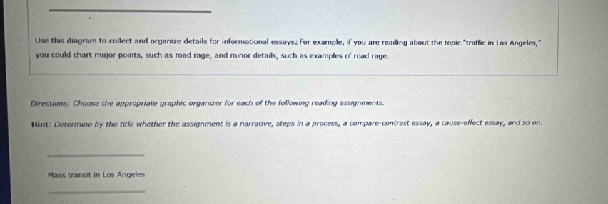 Use this diagram to collect and organize details for informational essays. For example, if you are reading about the topic "traffic in Los Angeles," 
you could chart major points, such as road rage, and minor details, such as examples of road rage. 
Directions: Choose the appropriate graphic organizer for each of the following reading assignments. 
Hint: Determine by the title whether the assignment is a narrative, steps in a process, a compare-contrast essay, a cause-effect essay, and so on. 
_ 
Mass transit in Los Angeles 
_