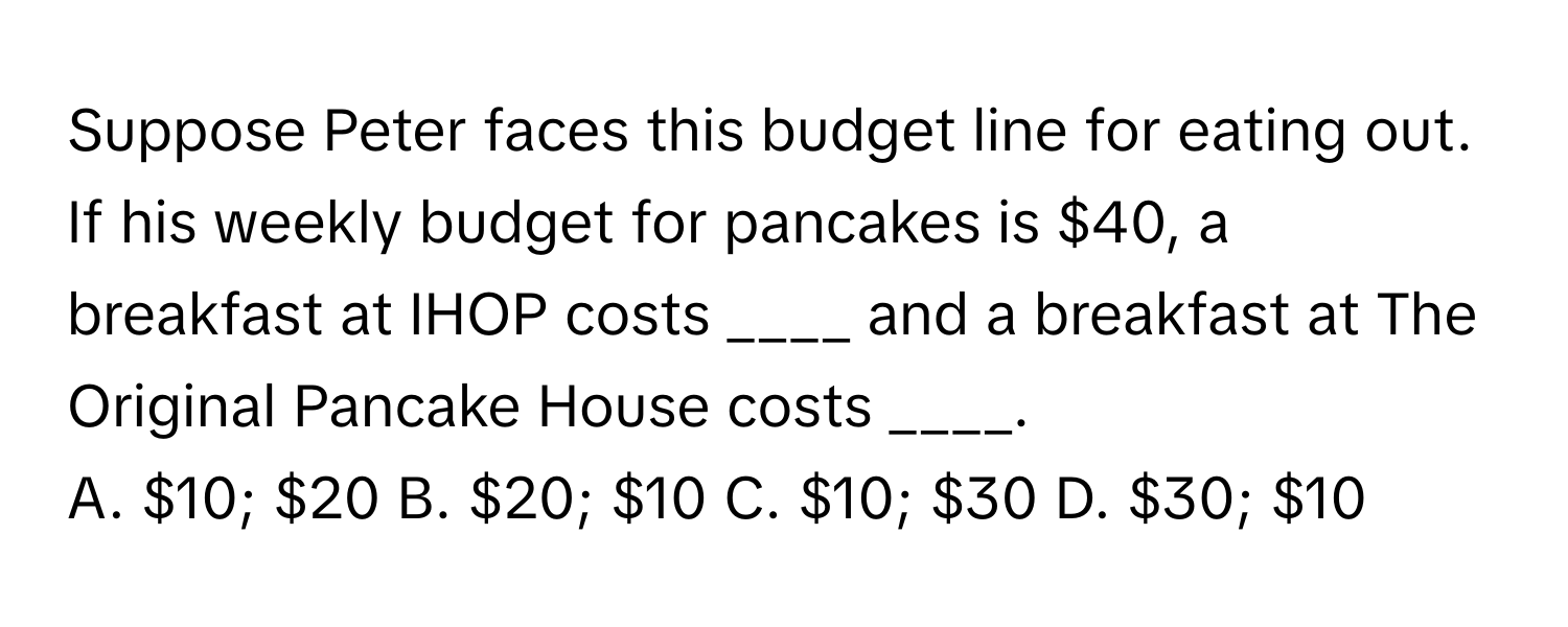 Suppose Peter faces this budget line for eating out. If his weekly budget for pancakes is $40, a breakfast at IHOP costs ____ and a breakfast at The Original Pancake House costs ____.

A. $10; $20 B. $20; $10 C. $10; $30 D. $30; $10