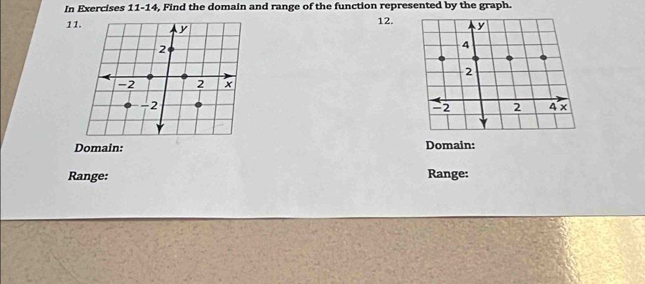 In Exercises 11-14, Find the domain and range of the function represented by the graph. 
1112. 
Domain: Domain: 
Range: Range: