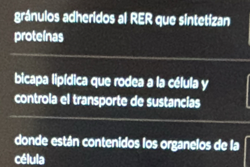 gránulos adheridos al RER que sintetizan 
proteínas 
bicapa lipídica que rodea a la célula y 
controla el transporte de sustancias 
donde están contenidos los organelos de la 
célula