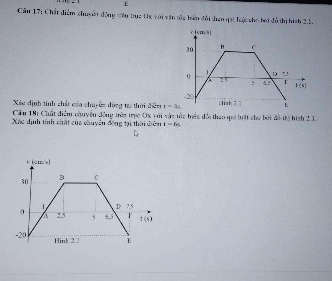 Hmh 2.1
E
Câu 17: Chất điểm chuyển động trên trục Ox với vận tốc biến đổi theo qui luật cho bởi đồ thị hình 2.1.
Xác định tính chất của chuyển động tại thời điểm t=4s.
Câu 18: Chất điểm chuyển động trên trục Ox với vận tốc biến đổi theo qui luật cho bởi đồ thị hình 2.1.
Xác định tính chất của chuyển động tại thời điểm t=6s.