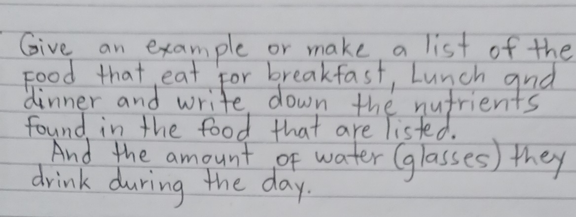 Give an example or make a list of the 
Food that eat for breakfast, Lunch and 
dinner and write, down the nufrients 
found in the food that are listed. 
And the amount of water (glasses) they 
drink during the day.