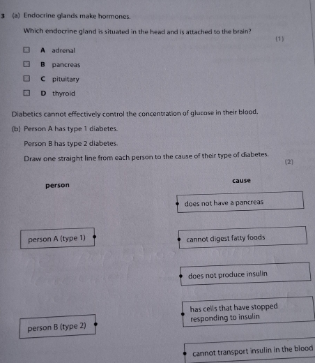 3 (a) Endocrine glands make hormones.
Which endocrine gland is situated in the head and is attached to the brain?
(1)
A adrenal
B pancreas
C pituitary
D thyroid
Diabetics cannot effectively control the concentration of glucose in their blood.
(b) Person A has type 1 diabetes.
Person B has type 2 diabetes
Draw one straight line from each person to the cause of their type of diabetes.
(2)
person cause
does not have a pancreas
person A (type 1) cannot digest fatty foods
does not produce insulin
has cells that have stopped 
person B (type 2) responding to insulin
cannot transport insulin in the blood