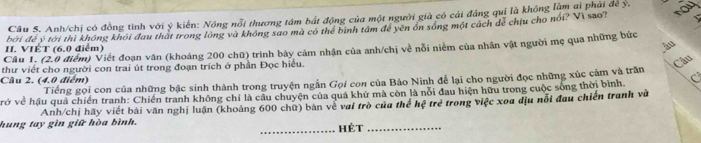 Anh/chị có đồng tình với ý kiến: Nông nổi thương tâm bắt động của một người già có cái đẳng qui là không làm ai phải để ý nay 
II. VIÊT (6.0 điểm) bởi đề ý tới thì không khỏi đau thất trong lòng và không sao mà có thể bình tâm để yên ôn sóng một cách dể chịu cho nói? Vì sao? 

âu 
Câu 1. (2.0 điểm) Viết đoạn văn (khoáng 200 chữ) trình bày cảm nhận của anh/chị về nỗi niềm của nhân vật người mẹ qua những bức 
thư viết cho người con trai út trong đoạn trích ở phần Đọc hiểu. 
Câu 
Câu 2. (4.0 điểm) 
Tiếng gọi con của những bậc sinh thành trong truyện ngắn Gọi con của Bảo Ninh để lại cho người đọc những xúc cảm và trấn 
vở về hậu quả chiến tranh: Chiến tranh không chỉ là cầu chuyện của quá khứ mà còn là nổi đau hiện hữu trong cuộc sống thời bình. C 
Anh/chị hãy viết bài văn nghị luận (khoảng 600 chữ) bản về vai trò của thể hệ trẻ trong việc xoa địu nổi đau chiến tranh và 
hung tay gìn giữ hòa bình. _Hét_