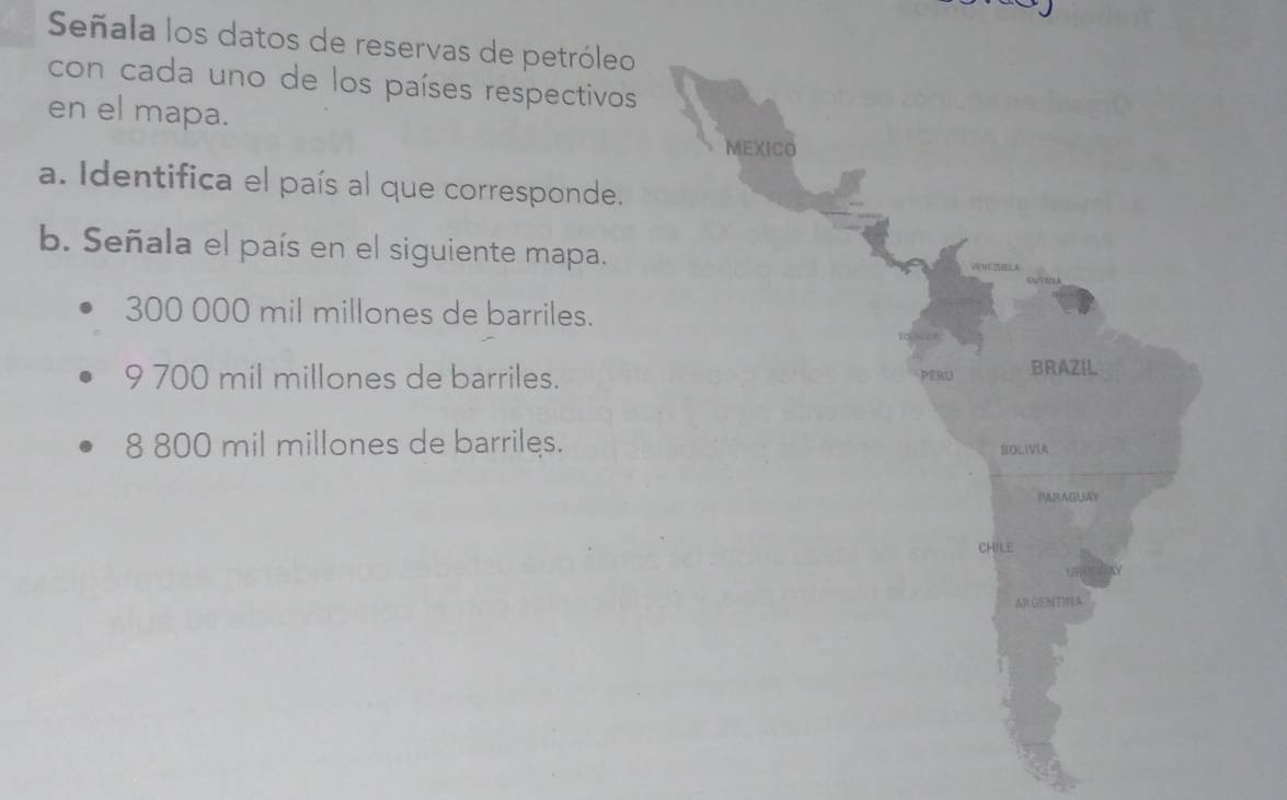 Señala los datos de reservas de petróleo
con cada uno de los países respectivos
en el mapa.
a. Identifica el país al que corresponde.
b. Señala el país en el siguiente mapa.
300 000 mil millones de barriles.
9 700 mil millones de barriles.
8 800 mil millones de barriles.