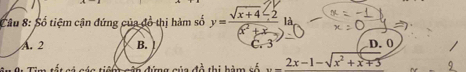 Số tiệm cận đứng của đồ thị hàm số
A. 2 B. ! D. 0
Ở thi bàm số y=-2x-1-sqrt(x^2+x+5)