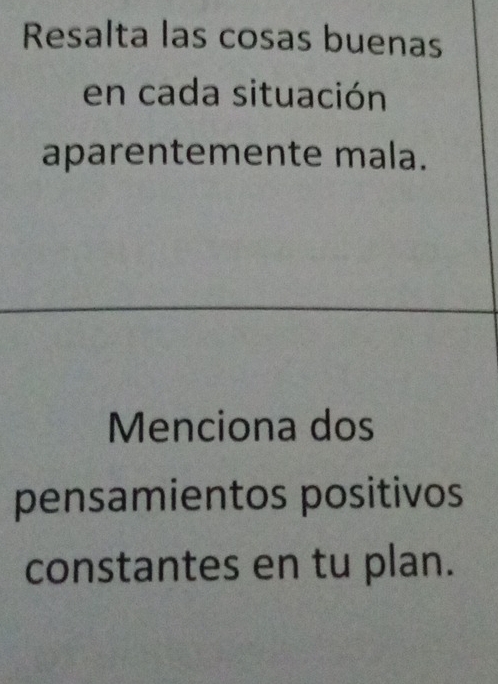 Resalta las cosas buenas 
en cada situación 
aparentemente mala. 
Menciona dos 
pensamientos positivos 
constantes en tu plan.