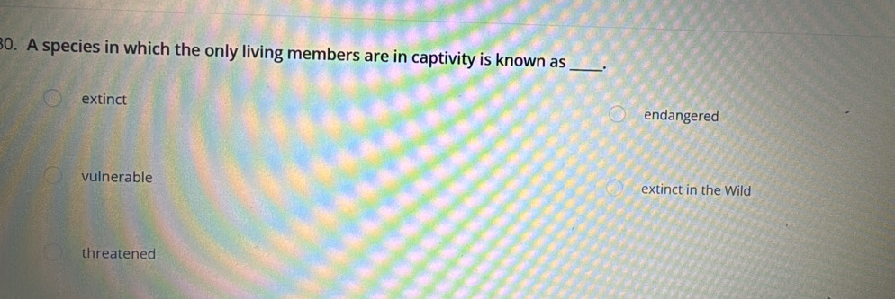 A species in which the only living members are in captivity is known as_ .
extinct
endangered
vulnerable
extinct in the Wild
threatened