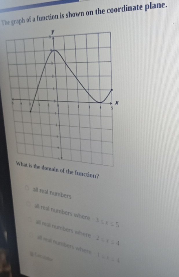 The graph of a function is shown on the coordinate plane.
What is the domain of the function?
all real numbers
all real numbers where -3≤ x≤ 5
all real numbers where 2≤ x≤ 4
all real numbers where 1=x≤ 4
CuartA