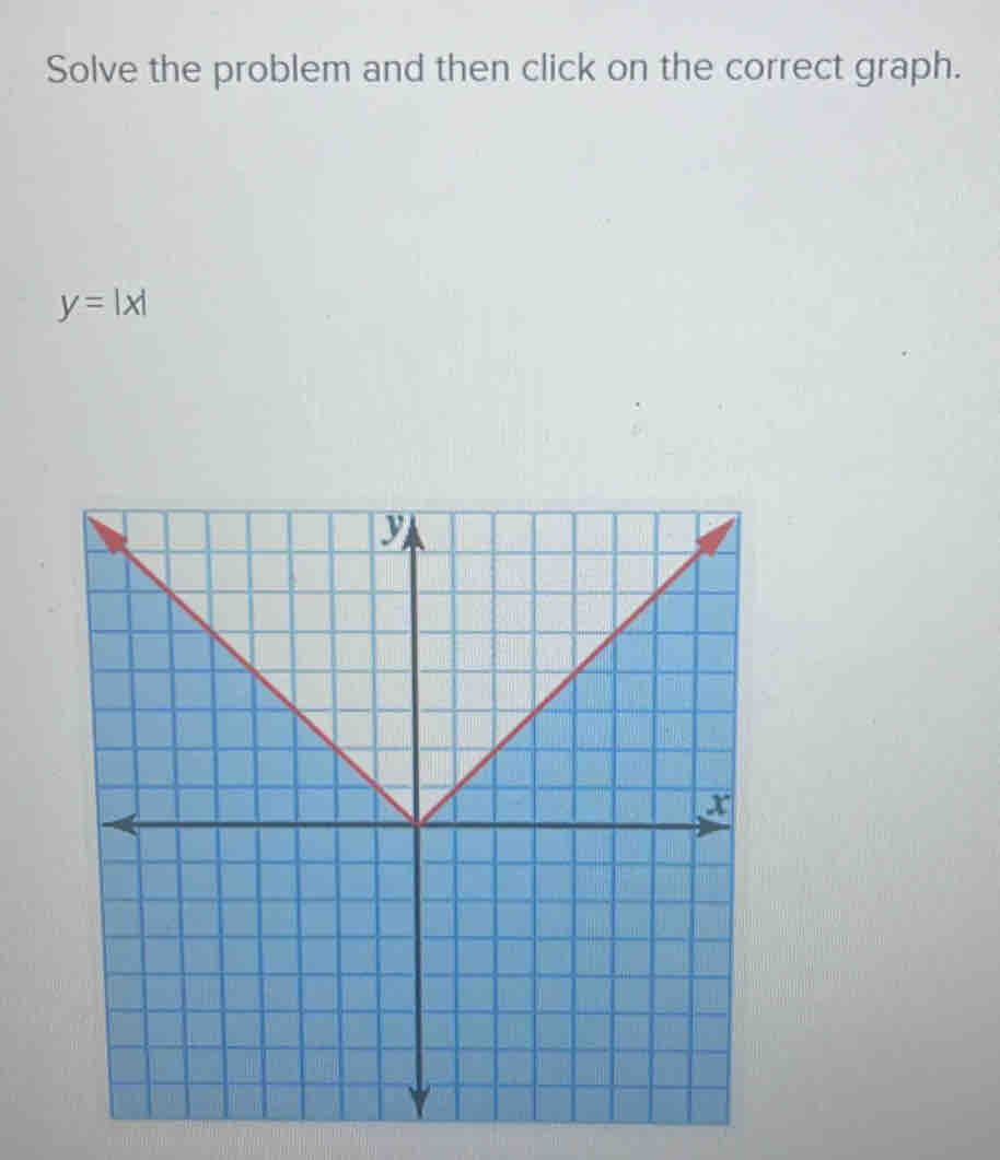 Solve the problem and then click on the correct graph.
y=|x|