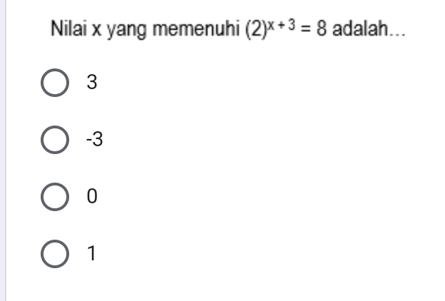 Nilai x yang memenuhi (2)^x+3=8 adalah...
3
-3
0
1