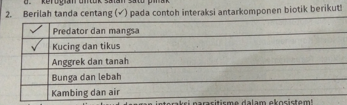 kerugian untuk satan satu piak 
2. Berilah tanda centang (✓) pada contoh interaksi antarkomponen biotik berikut! 
rak si narasitisme dalam ekosistem!