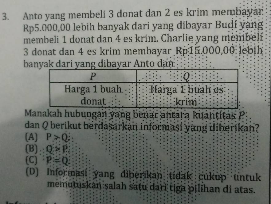 Anto yang membeli 3 donat dan 2 es krim membayar
Rp5.000,00 lebih banyak dari yang dibayar Budí yang
membeli 1 donat dan 4 es krim. Charlie yang membelf
3 donat dan 4 es krim membayar Rp15.000,00 lebih
banyak dari yang dibayar Anto dan:
Manakah hubungan yang benar antara kuantitas P
dan Q berikut berdasarkan informasi yang diberikan?
(A) P>Q :
(B): Q>P
(C) P=Q :
(D) Informasi yang diberikan tidak cukup untuk
memutuskan salah satu dari tiga pilihan di atas.