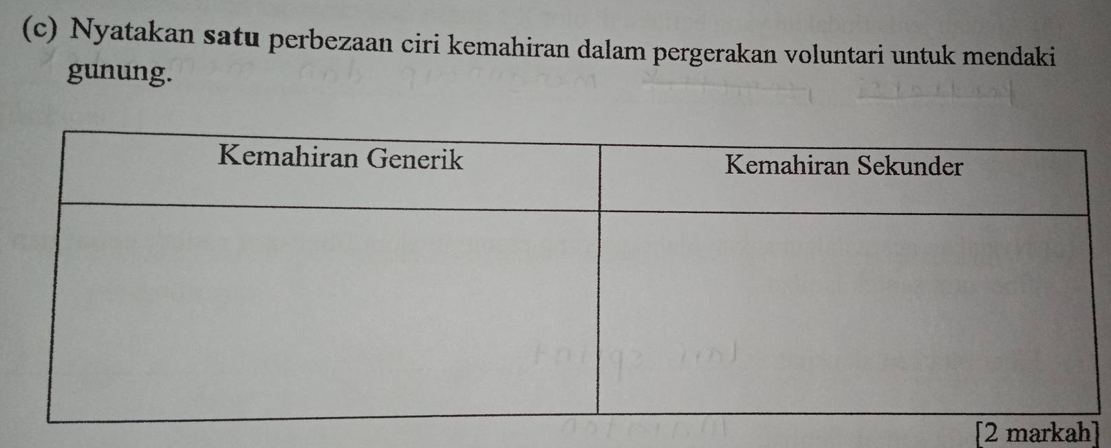 Nyatakan satu perbezaan ciri kemahiran dalam pergerakan voluntari untuk mendaki 
gunung. 
[2 markah]