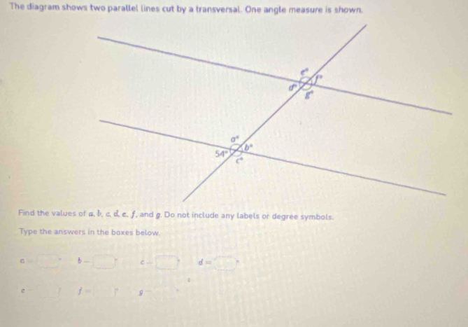 The diagram shows two parallel lines cut by a transversal. One angle measure is shown.
Find the values of α, l, c, d, c, f, and g. Do not include any labels or degree symbols.
Type the answers in the boxes below.
c=□° b-□ c=□° d=□°
e-□ f=□ °^-