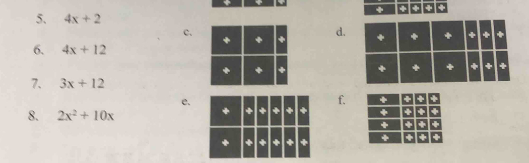 + + + +
5. 4x+2
c.
d.
6. 4x+12
7. 3x+12
e.
f.
8. 2x^2+10x