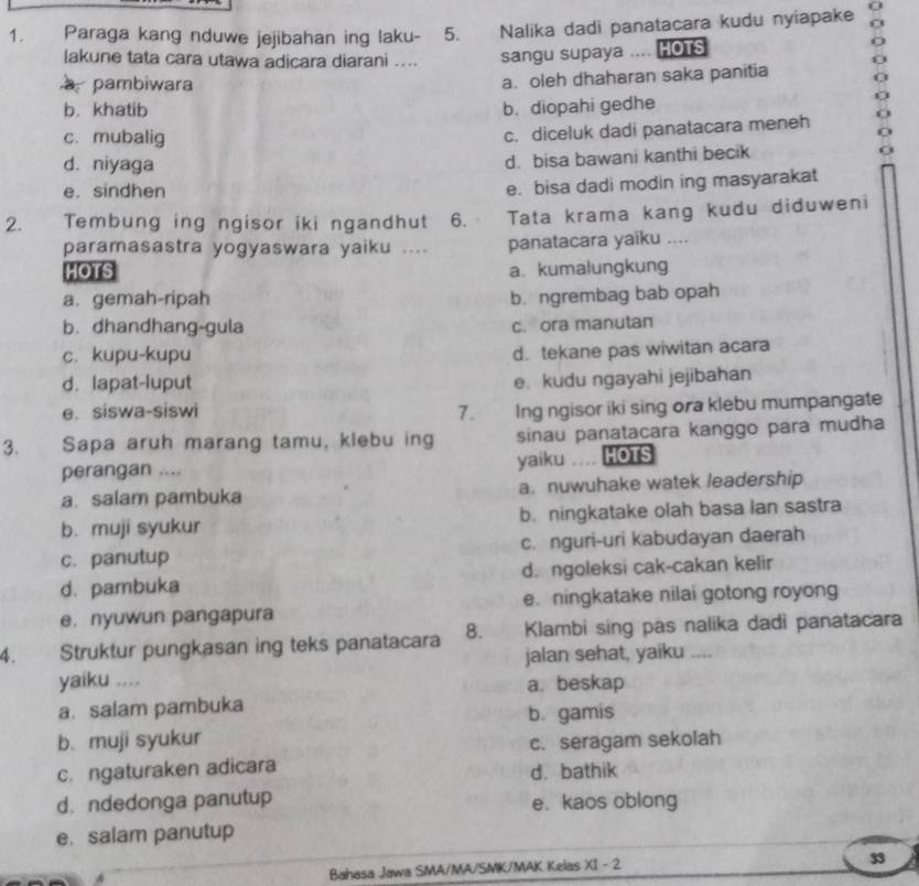 Paraga kang nduwe jejibahan ing laku- 5. Nalika dadi panatacara kudu nyiapake
lakune tata cara utawa adicara diarani .... sangu supaya ... HOTS
o
0
a pambiwara
a. oleh dhaharan saka panitia
b. khatib b. diopahi gedhe
c. mubalig
c. diceluk dadi panatacara meneh
d. niyaga
d. bisa bawani kanthi becik
e. sindhen
e. bisa dadi modin ing masyarakat
2. Tembung ing ngisor iki ngandhut 6. Tata krama kang kudu diduweni
paramasastra yogyaswara yaiku .... panatacara yaiku ....
HOTS a. kumalungkung
a. gemah-ripah b. ngrembag bab opah
b. dhandhang-gula
c. ora manutan
c. kupu-kupu
d. tekane pas wiwitan acara
d. lapat-luput
e. kudu ngayahi jejibahan
e. siswa-siswi 7. Ing ngisor iki sing ora klebu mumpangate
3. Sapa aruh marang tamu, klebu ing sinau panatacara kanggo para mudha
perangan .... yaiku HOTS
a. salam pambuka a. nuwuhake watek leadership
b. muji syukur b. ningkatake olah basa lan sastra
c. panutup c. nguri-uri kabudayan daerah
d. pambuka d. ngoleksi cak-cakan kelir
e. nyuwun pangapura e. ningkatake nilai gotong royong
4. Struktur pungkasan ing teks panatacara 8. Klambi sing pas nalika dadi panatacara
jalan sehat, yaiku ....
yaiku ....
a. beskap
a.salam pambuka
b. gamis
b. muji syukur
c. seragam sekolah
c. ngaturaken adicara d. bathik
d. ndedonga panutup e. kaos oblong
e. salam panutup
Bahasa Jawa SMA/MA/SMK/MAK Kelas XI - 2
53