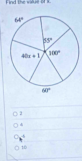 Find the value of x.
2
4
-6
10