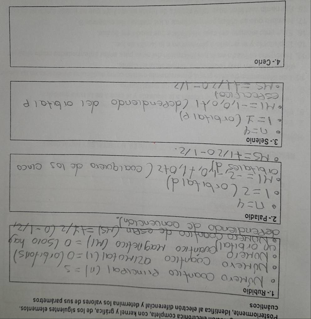 electrófica completa, con kernel y gráfica, de los siguientes elementos. 
Posteriormente, identifica al electrón diferencial y determina los valores de sus parámetros 
cuánticos 
1.- Rubidio 
2.- Paladio 
3.- Selenio 
6 
4.- Cerio