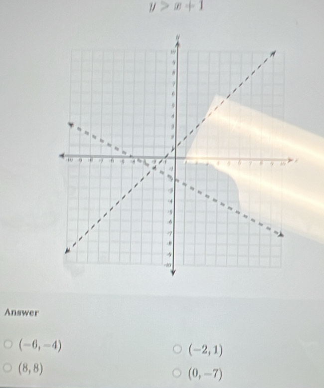 y>x+1
Answer
(-6,-4)
(-2,1)
(8,8)
(0,-7)