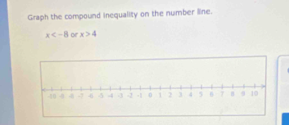 Graph the compound inequality on the number line.
x or x>4