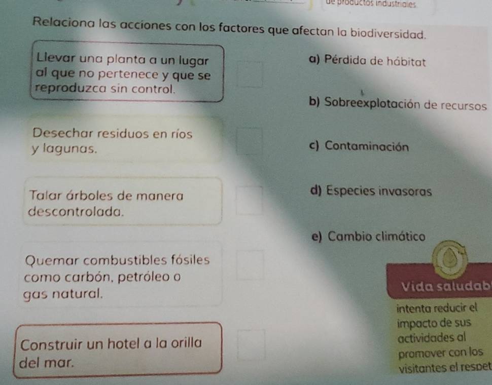 de productos industriales
Relaciona las acciones con los factores que afectan la biodiversidad.
Llevar una planta a un lugar a) Pérdida de hábitat
al que no pertenece y que se
reproduzca sin control.
b) Sobreexplotación de recursos
Desechar residuos en ríos
y lagunas.
c) Contaminación
Talar árboles de manera
d) Especies invasoras
descontrolada.
e) Cambio climático
Quemar combustibles fósiles
como carbón, petróleo o
gas natural. Vida saludab
intenta reducir el
impacto de sus
Construir un hotel a la orilla actividades al
promover con los
del mar.
visitantes el respet