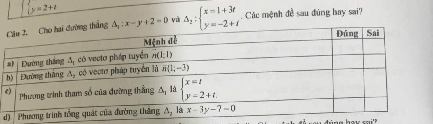 beginarrayl y=2+tendarray.
△ _1:x-y+2=0 và Delta _2:beginarrayl x=1+3t y=-2+tendarray.. Các mệnh đề sau đúng hay sai?
d
hav sai?