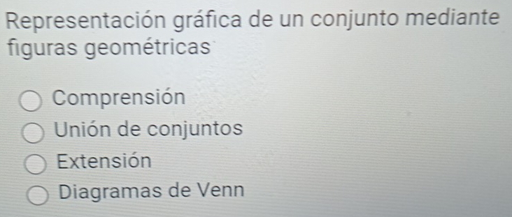 Representación gráfica de un conjunto mediante
figuras geométricas
Comprensión
Unión de conjuntos
Extensión
Diagramas de Venn