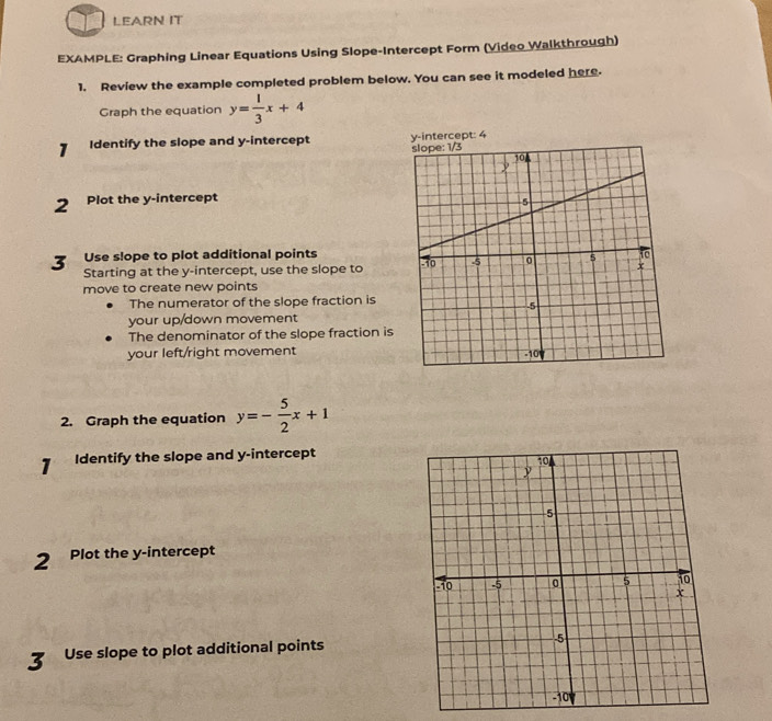 LEARN IT
EXAMPLE: Graphing Linear Equations Using Slope-Intercept Form (Video Walkthrough)
1. Review the example completed problem below. You can see it modeled here.
Graph the equation y= 1/3 x+4
1 Identify the slope and y-intercept 
2 Plot the y-intercept
Use slope to plot additional points
3 Starting at the y-intercept, use the slope to 
move to create new points
The numerator of the slope fraction is
your up/down movement
The denominator of the slope fraction is
your left/right movement
2. Graph the equation y=- 5/2 x+1
1 Identify the slope and y-intercept
2 Plot the y-intercept
3 Use slope to plot additional points