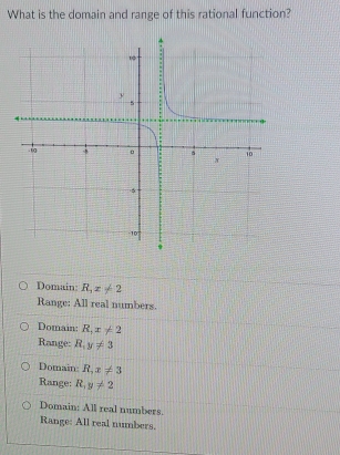 What is the domain and range of this rational function?
Domain: R, x!= 2
Range: All real numbers.
Domain: R, x!= 2
Range: R, y!= 3
Domain R, x!= 3
Range: R, y!= 2
Domain: All real numbers.
Range: All real numbers.