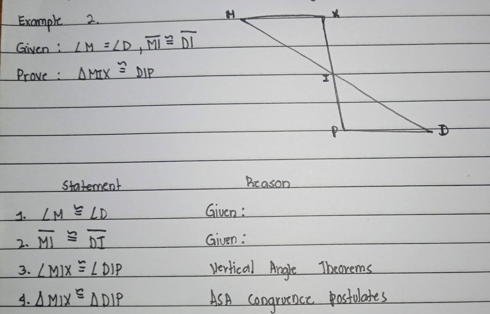 Example 2. 
Given: ∠ M=∠ D, overline MI≌ overline DI
Prove : △ MIX≌ DIP
statement 
Beason 
3. ∠ M≌ ∠ D
Given : 
2. overline MI≌ overline DI Given: 
3. ∠ MIX≌ ∠ DIP vertical Angle Ibeorems 
A. △ MIX≌ △ DIP ASA coogruence postulates