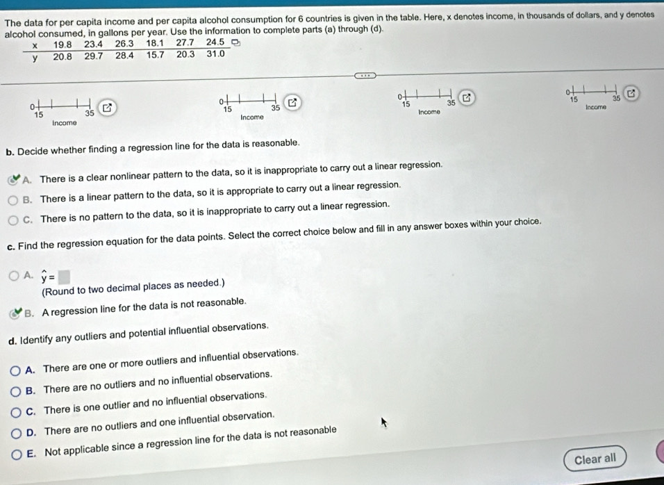 The data for per capita income and per capita alcohol consumption for 6 countries is given in the table. Here, x denotes income, in thousands of dollars, and y denotes
alcohol consumed, in gallons per year. Use the information to complete parts (a) through (d).
x 19.8 23.4 26.3 18.1 27.7 24.5
y 20.8 29.7 28.4 15.7 20.3 31.0
0
35
15 35
B 15 35 Income Income
income 15
15 35 Income
b. Decide whether finding a regression line for the data is reasonable
A. There is a clear nonlinear pattern to the data, so it is inappropriate to carry out a linear regression.
B. There is a linear pattern to the data, so it is appropriate to carry out a linear regression.
C. There is no pattern to the data, so it is inappropriate to carry out a linear regression.
c. Find the regression equation for the data points. Select the correct choice below and fill in any answer boxes within your choice.
A. widehat y=□
(Round to two decimal places as needed.)
B. A regression line for the data is not reasonable.
d. Identify any outliers and potential influential observations.
A. There are one or more outliers and influential observations.
B. There are no outliers and no influential observations.
C. There is one outlier and no influential observations.
D. There are no outliers and one influential observation.
E. Not applicable since a regression line for the data is not reasonable
Clear all