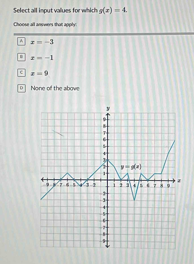 Select all input values for which g(x)=4.
Choose all answers that apply:
A x=-3
B x=-1
C x=9
None of the above