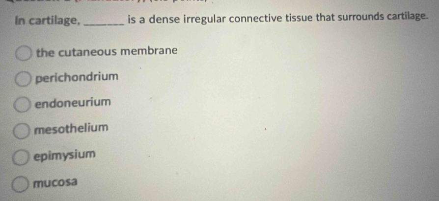 In cartilage, _is a dense irregular connective tissue that surrounds cartilage.
the cutaneous membrane
perichondrium
endoneurium
mesothelium
epimysium
mucosa