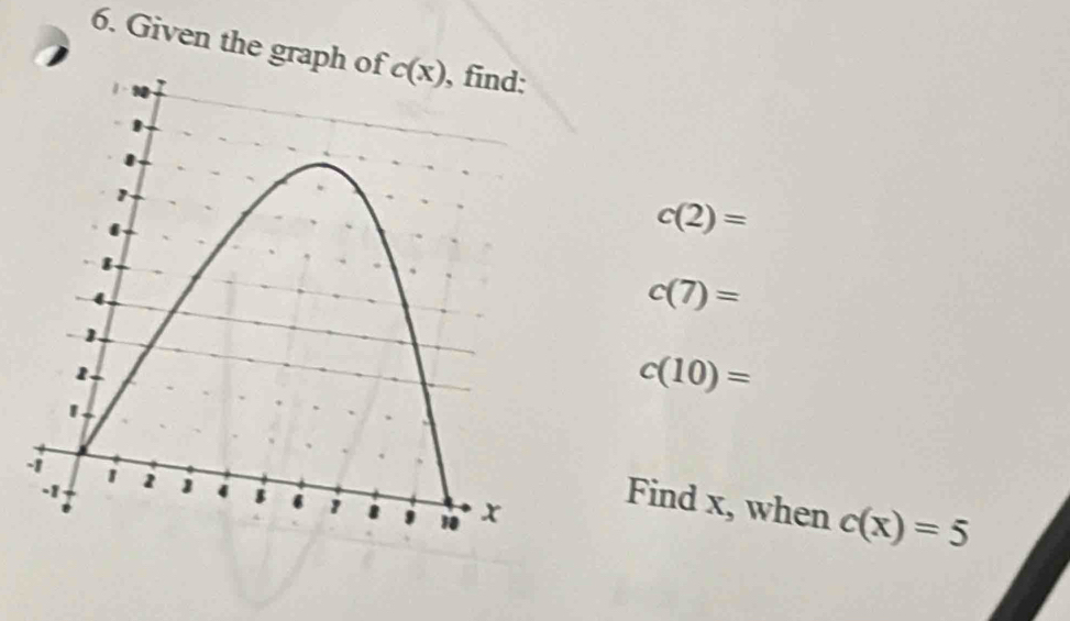 Given the grap
c(2)=
c(7)=
c(10)=
-
Find x, when c(x)=5