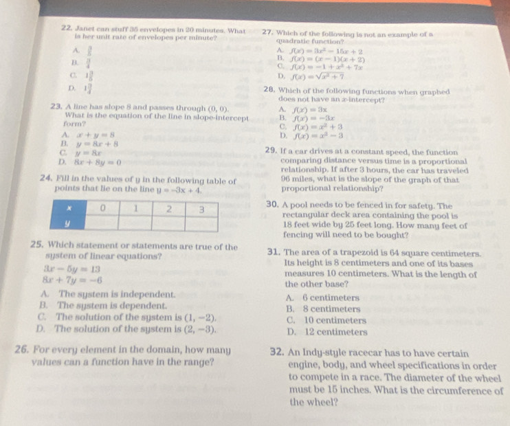 Janet can stuff 35 envelopes in 20 minutes. What 27. Which of the following is not an example of a
is her unit rate of envelopes per minute? quadratic function?
A. f(x)=3x^2-15x+2
A.  3/5  f(x)=-1+x^2+7x
B.  3/4 
B. f(x)=(x-1)(x+2)
C.
C. 1 3/5  D. f(x)=sqrt(x^2+7)
D. 1 □ /4  28, Which of the following functions when graphed
does not have an x-intercept?
23. A line has slope 8 and passes through (0,0). A. f(x)=3x
What is the equation of the line in slope-intercept B. f(x)=-3x
form?
C. f(x)=x^2+3
A. x+y=8 D. f(x)=x^2-3
B. y=8x+8
C. y=8x 29. If a car drives at a constant speed, the function
comparing distance versus time is a proportional
D. 8x+8y=0 relationship. If after 3 hours, the car has traveled
24. Fill in the values of y in the following table of 96 miles, what is the slope of the graph of that
points that lie on the line y=-3x+4. proportional relationship?
30. A pool needs to be fenced in for safety. The
rectangular deck area containing the pool is
18 feet wide by 25 feet long. How many feet of
fencing will need to be bought?
25. Which statement or statements are true of the 31. The area of a trapezoid is 64 square centimeters.
system of linear equations? Its height is 8 centimeters and one of its bases
3x-5y=13 measures 10 centimeters. What is the length of
8x+7y=-6
the other base?
A. The system is independent. A. 6 centimeters
B. The system is dependent. B. 8 centimeters
C. The solution of the system is (1,-2). C. 10 centimeters
D. The solution of the system is (2,-3). D. 12 centimeters
26. For every element in the domain, how many 32. An Indy-style racecar has to have certain
values can a function have in the range? engine, body, and wheel specifications in order
to compete in a race. The diameter of the wheel
must be 15 inches. What is the circumference of
the wheel?