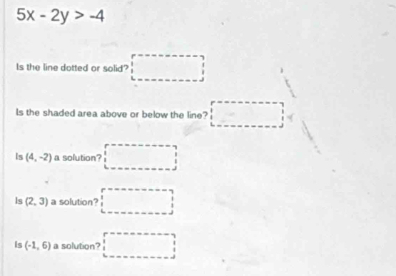 5x-2y>-4
Is the line dotted or solid? □ 
ls the shaded area above or below the line? □ 
Is (4,-2) a solution? □ 
Is (2,3) a solution? □ 
Is (-1,6) a solution? □