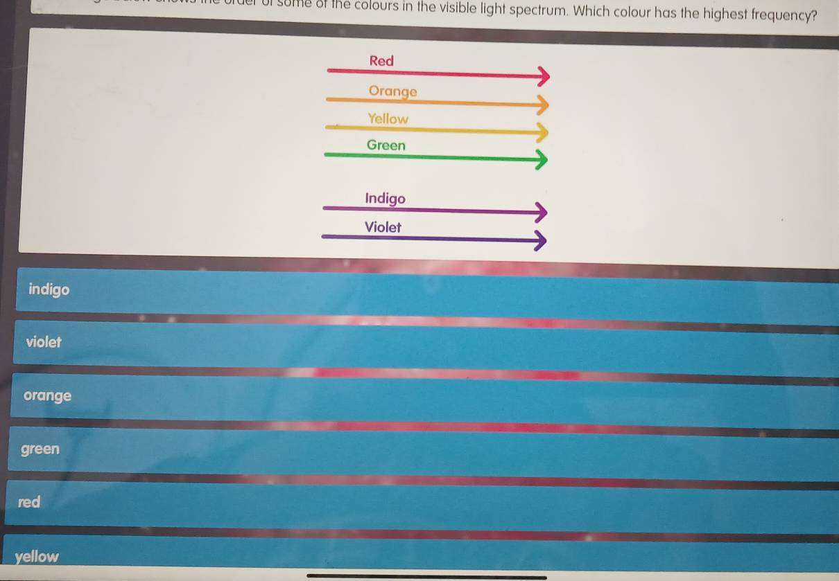 ul some of the colours in the visible light spectrum. Which colour has the highest frequency?
Red
Orange
Yellow
Green
Indigo
Violet
indigo
violet
orange
green
red
yellow